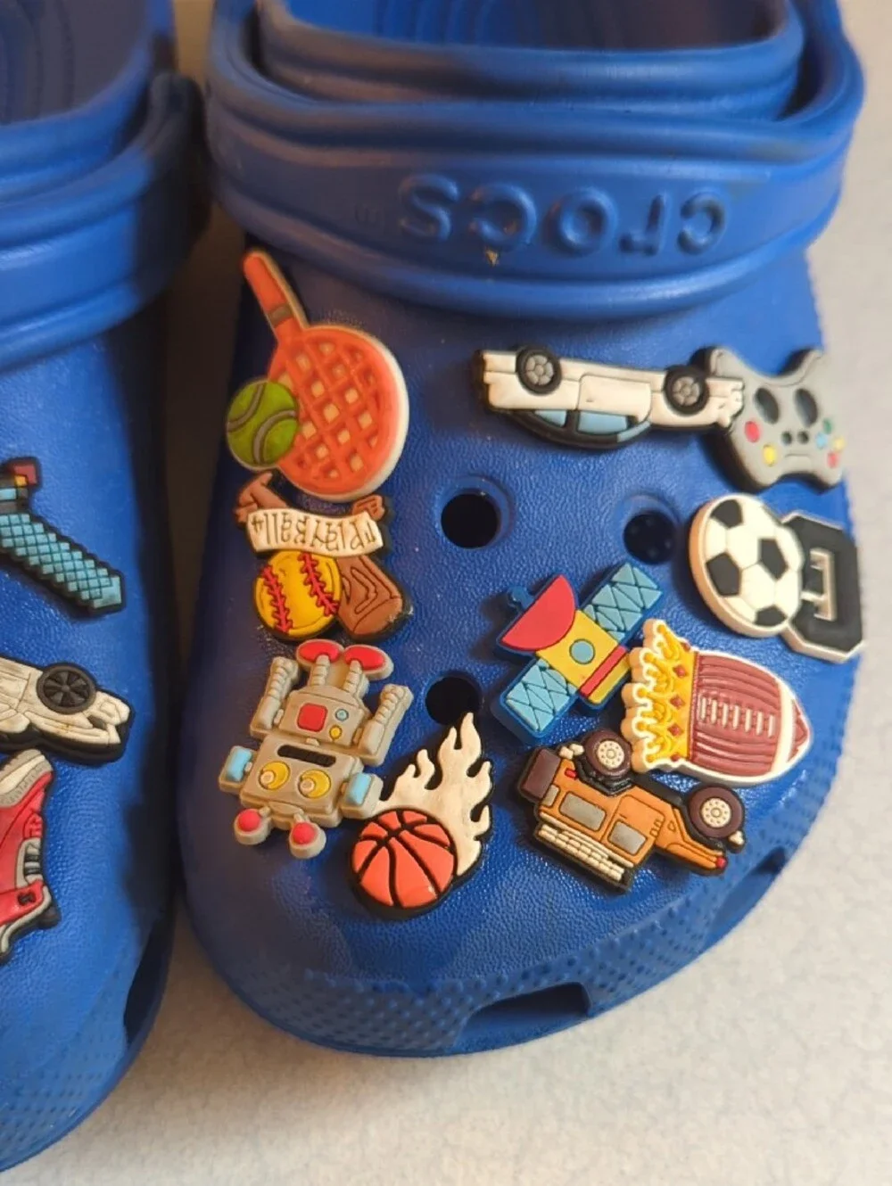 CROCS Kids Blue Clog Sandals with Fun Game & Sports Charms